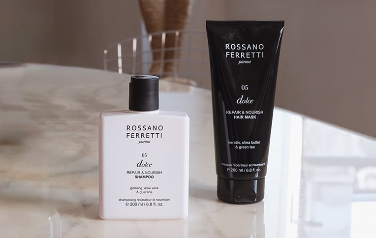 Immagine dello shampoo e della maschera idratante Dolce di Rossano Ferretti Parma.