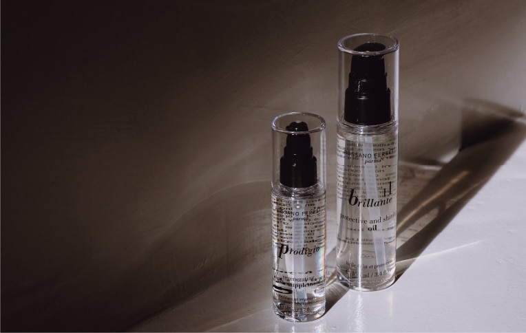 Rossano Ferretti Parma's oils: Prodigio regenerating oil and Brillante protect and shine oil.