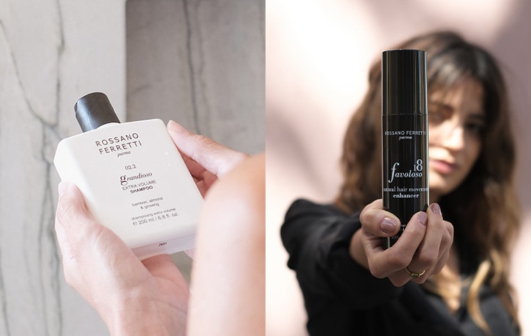 Image of two models holding Rossano Ferretti Parma's Grandioso volumizing shampoo and the Favoloso movement spray.