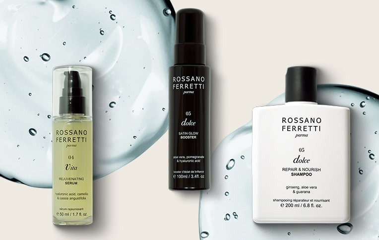 Image of Rossano Ferretti Parma's Dolce Satin Glow Booster and Dolce nourishing shampoo, and Vita rejuvenating serum.
