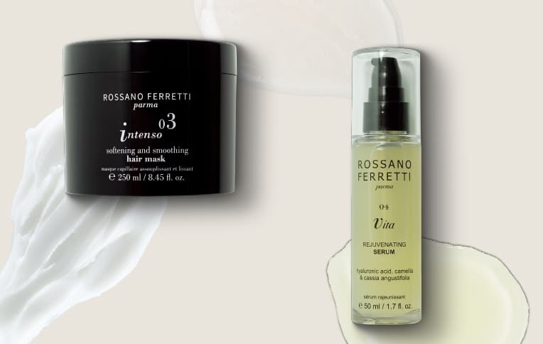 Image of the softening and smoothing mask from the Intenso line and the rejuvenating serum from the Vita line by Rossano Ferretti Parma.