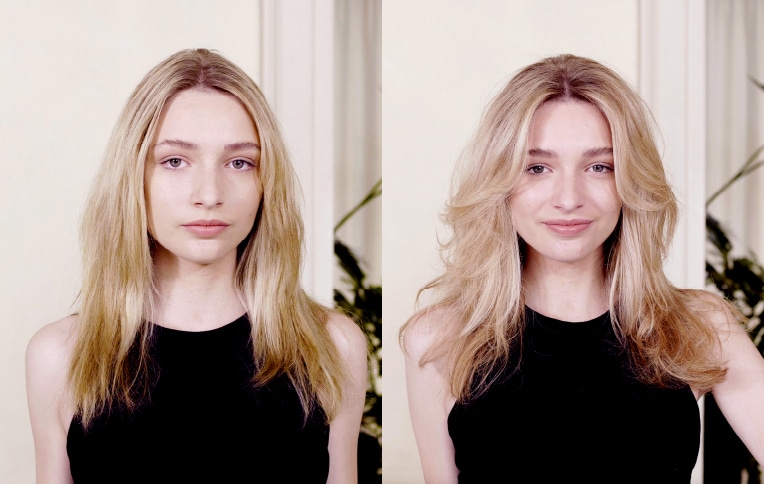 Image of the before and after using volumizing products on a model with blonde, medium-length hair.