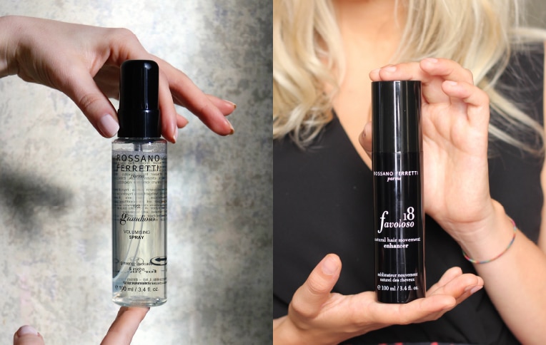 Image of a model holding Rossano Ferretti Parma's Grandioso volumizing spray and Favoloso movement spray