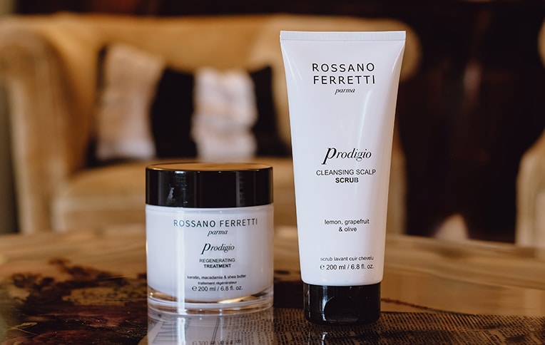 Image of Rossano Ferretti Parma's Prodigio scalp scrub and Prodigio rejuvenating treatment.