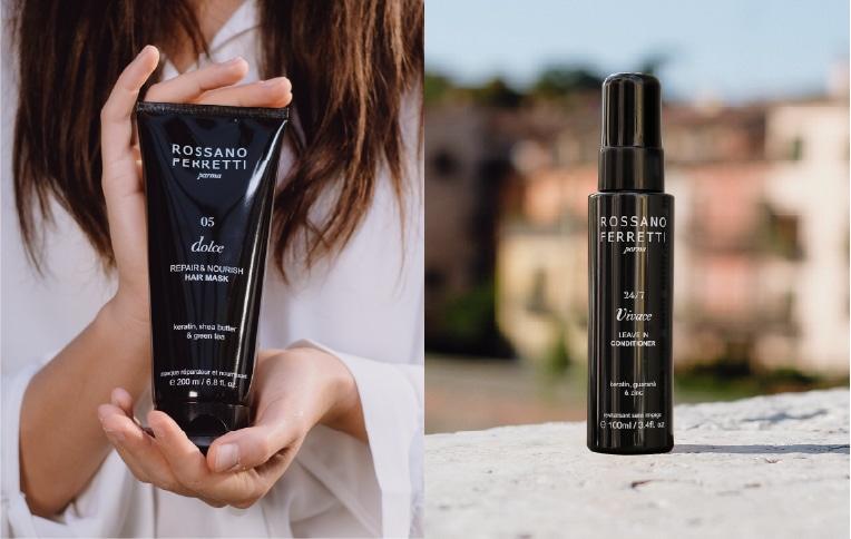 Image of a model holding Rossano Ferretti Parma's Dolce nourishing mask in her hands, with an image of the leave in conditioner from the Vivace line next to it.