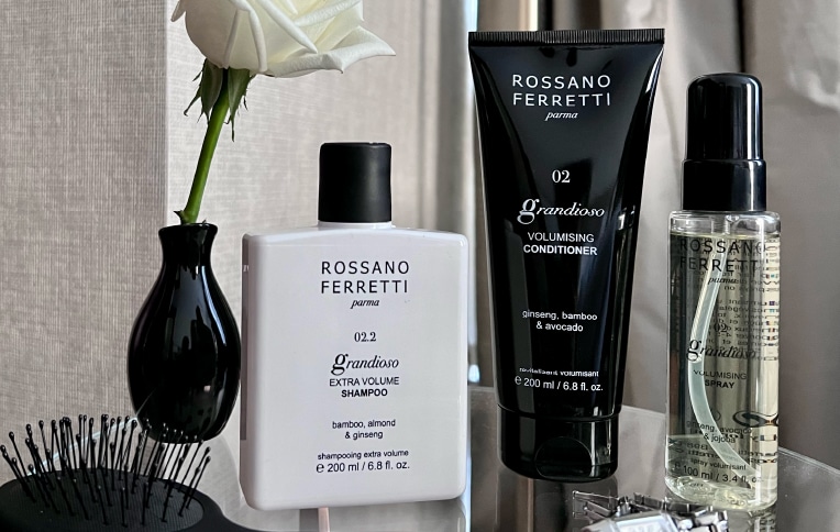 Rossano Ferretti Parma's Grandioso volumizing routine with the extra volume shampoo, the volumizing conditioner and the volumizing spray.