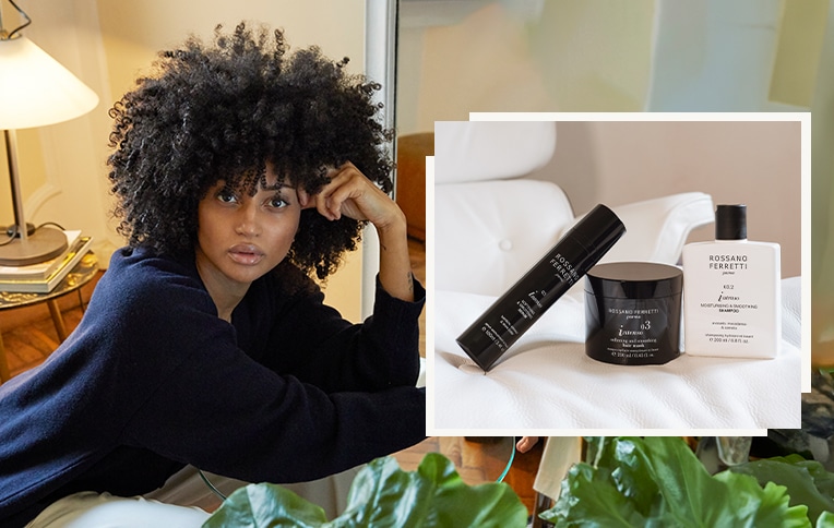  Rossano Ferretti Parma's Intenso smoothing routine with the moisturising & smoothing shampoo, the softening & smoothing mask and the softening & smoothing serum, alongside a girl with an Afro hairstyle.
