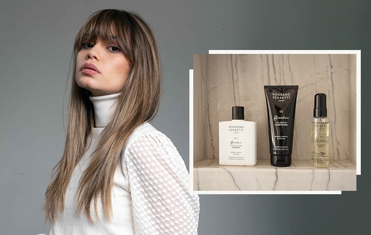Rossano Ferretti Parma's Grandioso volumising routine with the extra volume shampoo, the volumising conditioner and the volumising spray, alongside a brunette girl with long hair. 