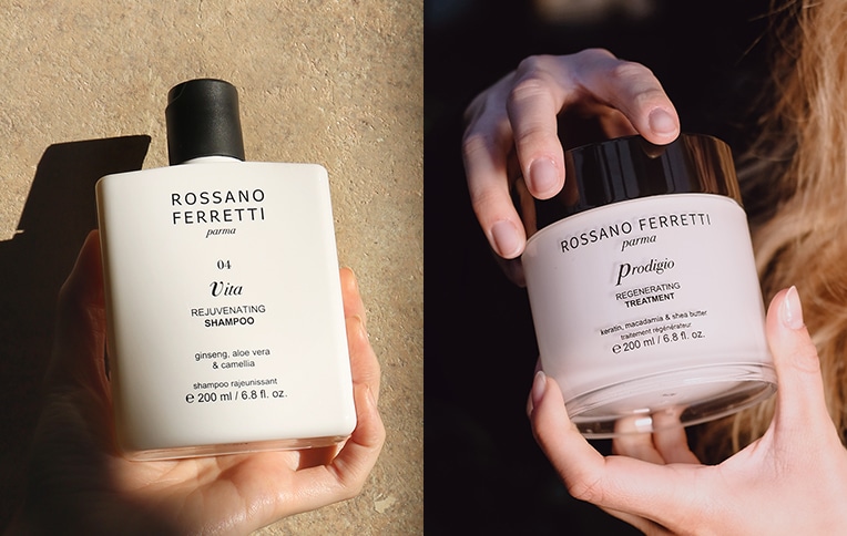 Immagine dello shampoo rivitalizzante Vita e del trattamento riparatore Prodigio di Rossano Ferretti Parma.