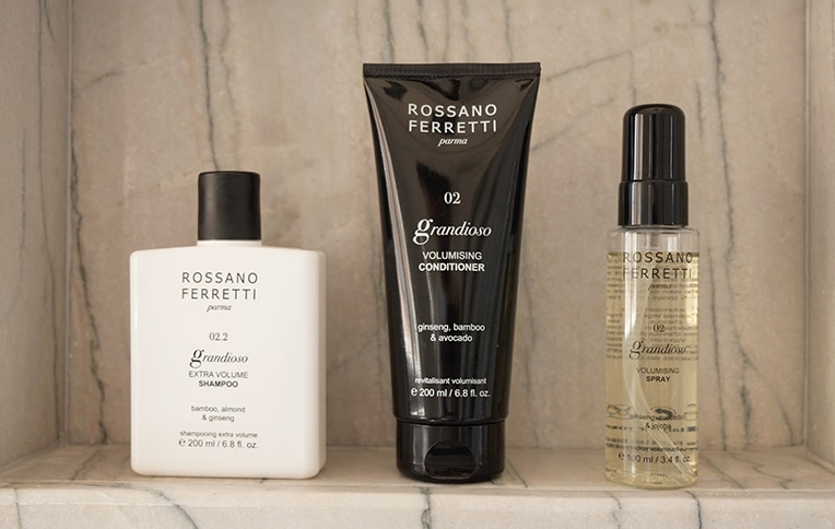 Image of Rossano Ferretti Parma's Grandioso volumizing routine with the extra volume shampoo, the volumizing conditioner and the volumizing spray.