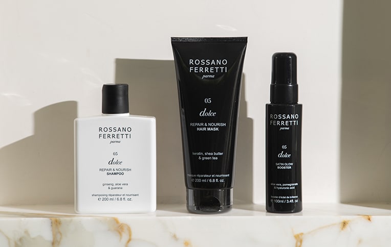 Immagine della routine idratante Dolce di Rossano Ferretti Parma con lo shampoo idratante , la maschera riparatrice ed idratante  e lo spray protezione e luminosità.