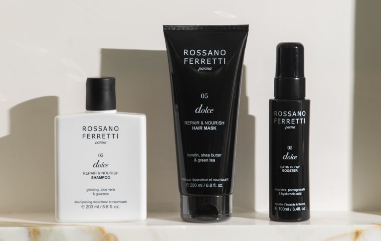 Image of Rossano Ferretti Parma's Dolce nourishing routine with the nourishing shampoo, the repair and nourish mask and the satin glow booster spray.