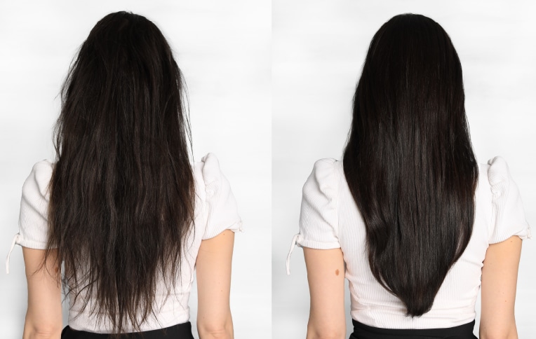 image of a girl from behind with long, dark hair, showing before and after using haircare products