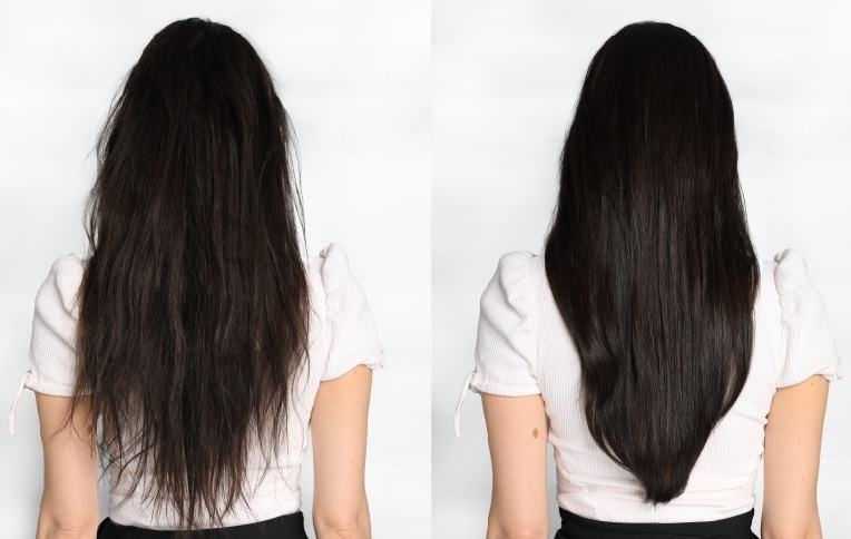 foto di una ragazza con capelli scuri e lunghi del prima e dopo aver utilizzato prodotti per capelli