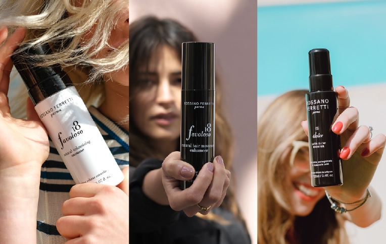 imagine di modelle che mostrano i prodotti Rossano Ferretti Parma per lo styling. Linea Favoloso, mousse e spray, e lo spray della linea Dolce