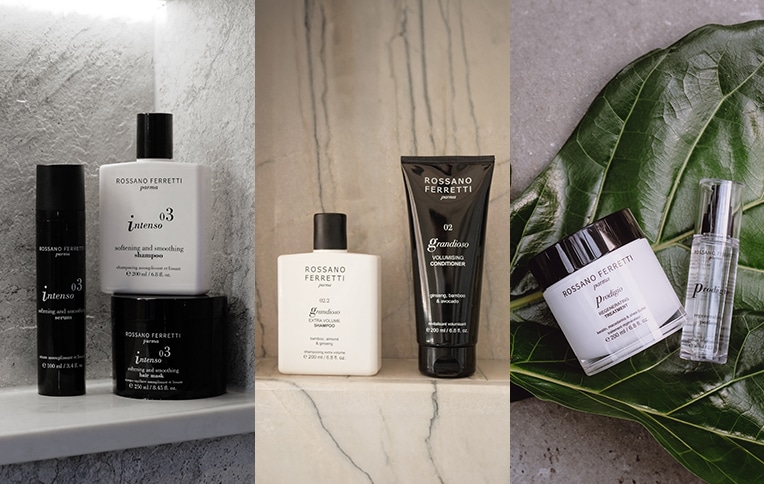 Image showing the products of Rossano Ferretti Parma. The featured products are the Intenso Smoothing Routine, the Grandioso Volumizing Shampoo and Conditioner, and the Prodigio Regenerating Treatment and Oil.