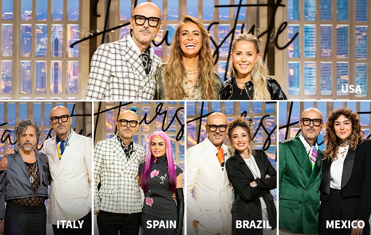 image showing Rossano Ferretti with the co-hosts from all editions of HairStyle: The Talent Show (US, Italy, Spain, Brazil, and Mexico).
