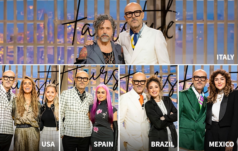 immagine che mostra Rossano Ferretti con i co-conduttori di tutte le edizioni di HairStyle: The Talent Show (USA, Italia, Spagna, Brasile e Messico)
