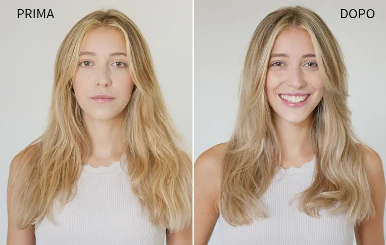 Ragazza bionda prima e dopo l'utilizzo dello Shampoo e della Maschera Viola Antigiallo Splendido di Rossano Ferretti.