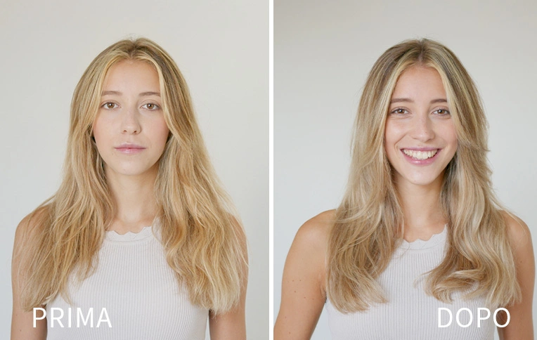 Ragazza bionda, prima e dopo aver utilizzato i prodotti Rossano Ferretti, i capelli sono più sani e più lucenti.