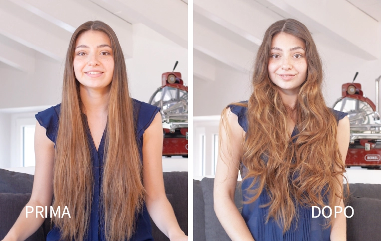 Modella con prima e dopo mentre crea onde naturali senza calore.