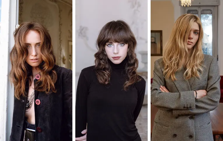 Three girls close to each other, each with different hairstyles.