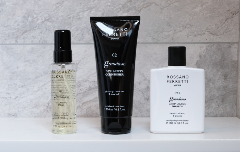 Image of Rossano Ferretti Parma's Grandioso volumizing routine with the extra volume shampoo, the volumizing conditioner and the volumizing spray.