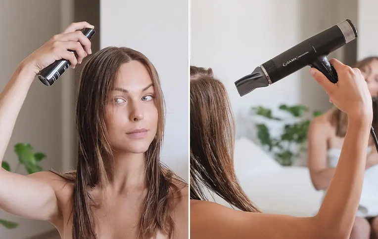 woman applying Rossano Ferretti Parma's Favoloso Heat Protector to her damp hair before blow-drying to complete her styling.