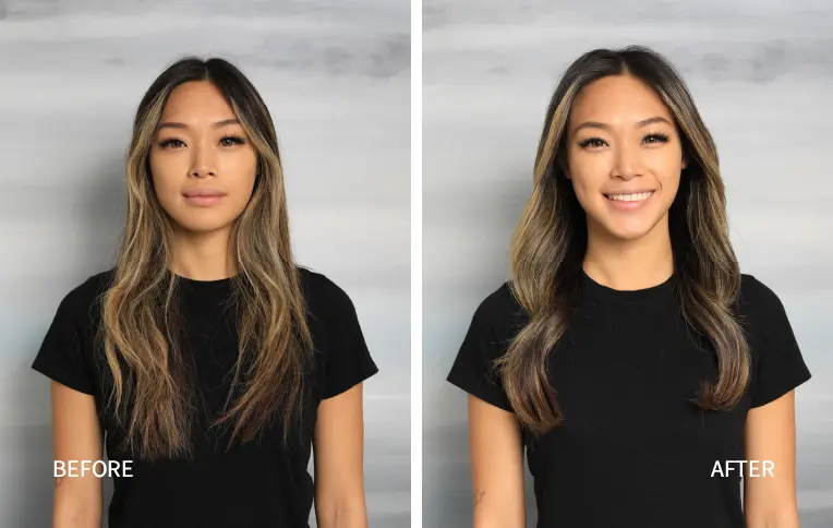 Girl before and after using the Prodigio Regenerating Treatment from Rossano Ferretti Parma.