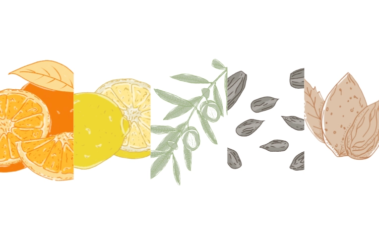 Ingredients (with line drawings alongside): Mandarin Orange, Lemon, Olive, Sunflower, Almond.
