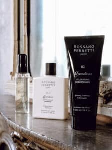 Image of Rossano Ferretti Parma's Grandioso volumizing routine with the extra volume shampoo, the volumizing conditioner and the volumizing spray.