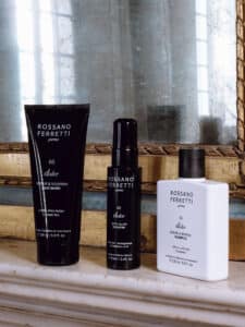 Image of Rossano Ferretti Parma's Dolce nourishing routine with the nourishing shampoo, the repair and nourish mask and the satin glow booster spray.