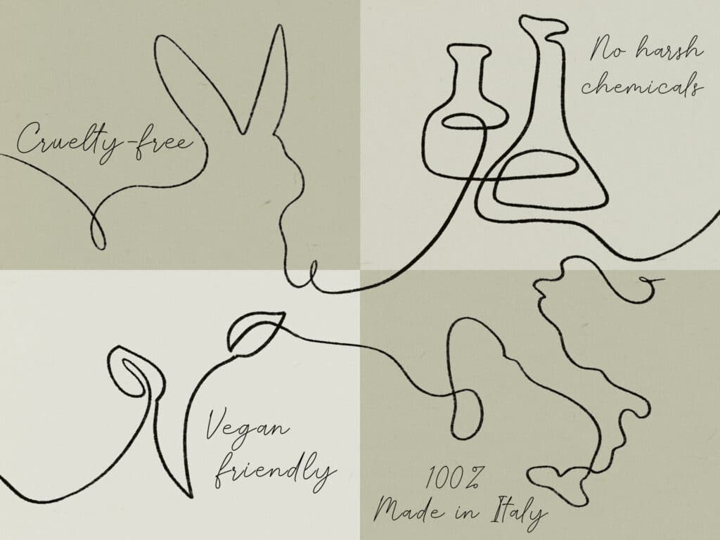 Drawing that creates icons for cruelty-free, no harsh chemicals, vegan, and made in Italy.