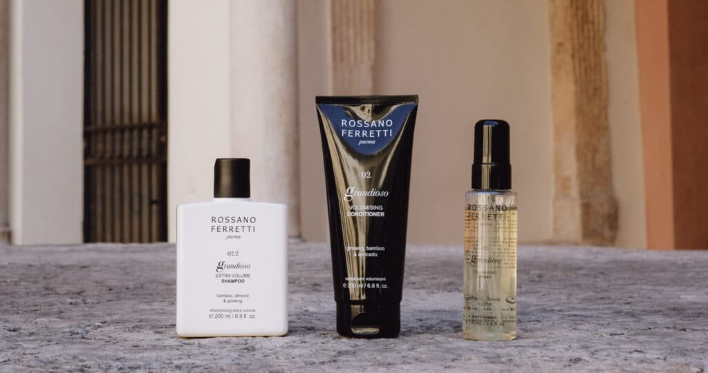 Image of Rossano Ferretti Parma's Grandioso volumising routine with the extra volume shampoo, the volumising conditioner and the volumaising spray.