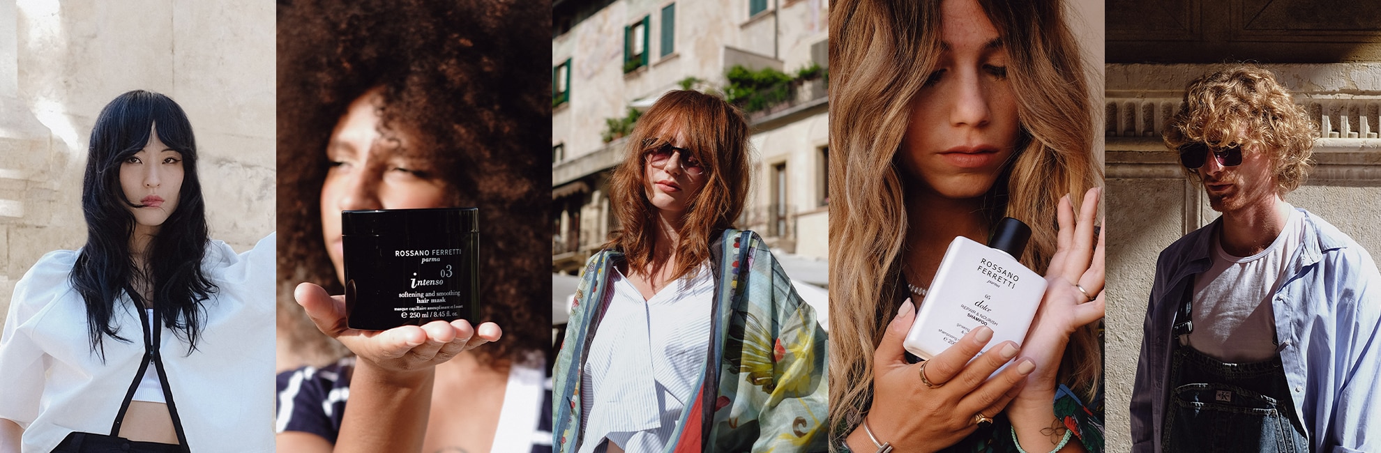 Carousel of images showcasing men and women and their hair, with some holding Rossano Ferretti Parma products in their hands.