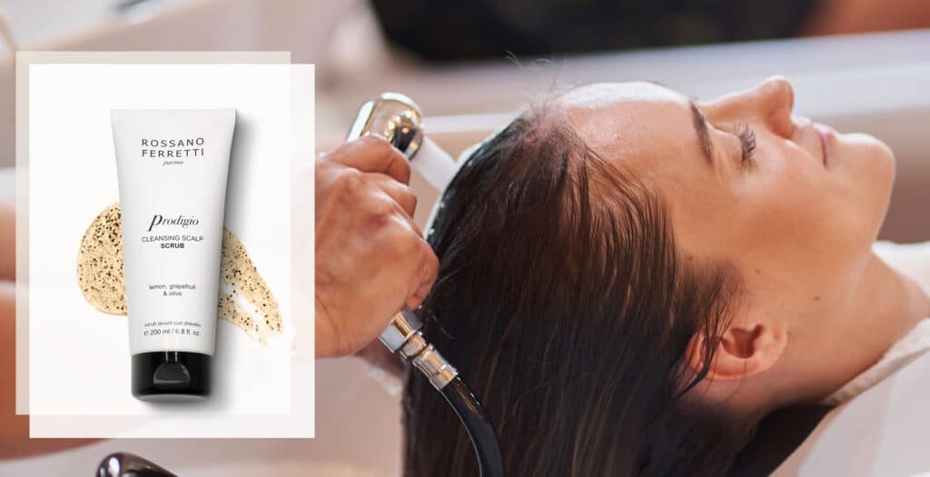 Image of a girl getting her hair washed at a hair salon station alongside an image of Rossano Ferretti Parma's Prodigio scalp scrub.