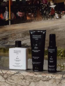 Immagine della routine idratante Dolce di Rossano Ferretti Parma con lo shampoo idratante , la maschera riparatrice ed idratante e lo spray protezione e luminosità.