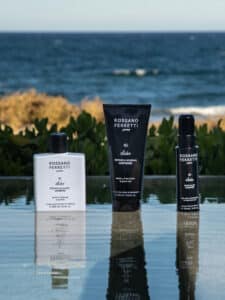 Image of Rossano Ferretti Parma's Dolce nourishing routine with the nourishing shampoo, the repair and nourish mask and the satin glow booster spray.