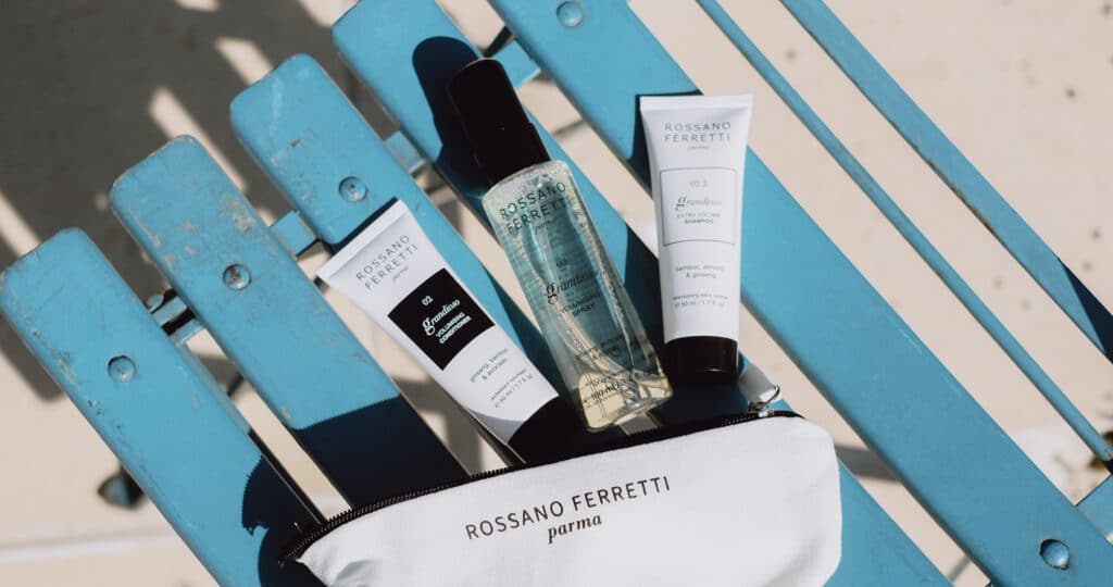 Image of Rossano Ferretti Parma's Grandioso travel volumising routine with the extra volume shampoo, the volumising conditioner and the volumising spray. 