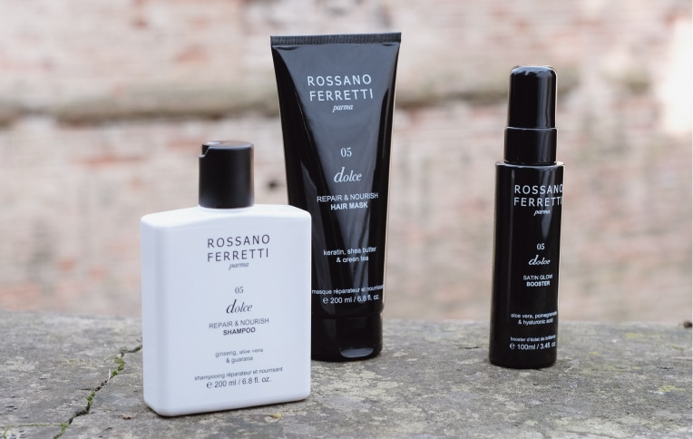 Image of Rossano Ferretti Parma's Dolce nourishing routine with the nourishing shampoo, the repair and nourish mask and the satin glow booster spray.