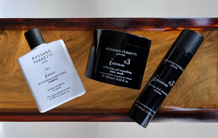 Image of Rossano Ferretti Parma's Intenso smoothing routine with the moisturising & smoothing shampoo, the softening & smoothing mask and the softening & smoothing serum.