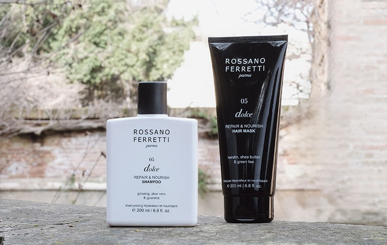 Immagine dello shampoo e della maschera idratante Dolce di Rossano Ferretti Parma.
