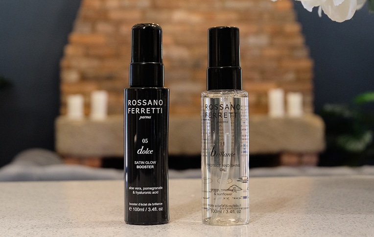 Immagine dello Spray idratazione e luminosità della collezione Dolce e dell'olio protettivo e illuminante della linea Brillante di Rossano Ferretti Parma.