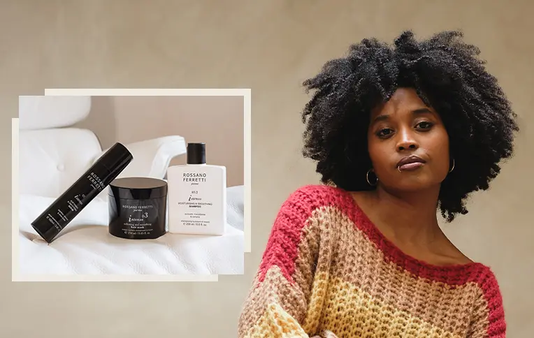 girl with afro hair with the products from the Intenso line by Rossano Ferretti Parma. Shampoo, mask, and Intenso smoothing serum.