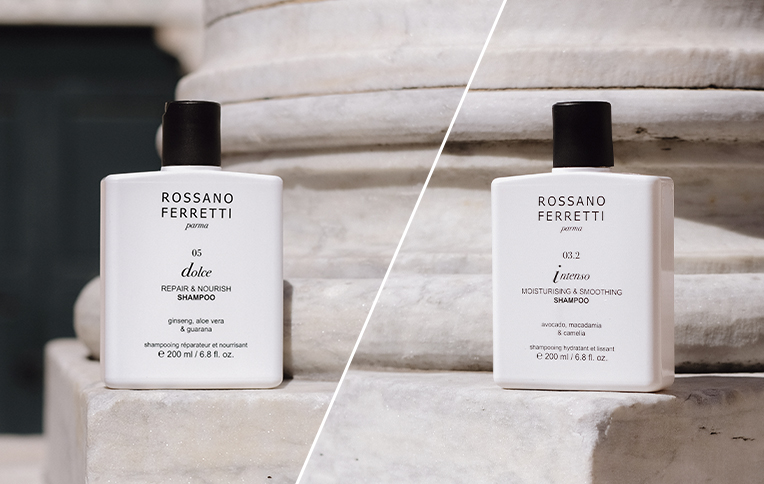 Rossano Ferretti Parma's Dolce nourishing shampoo alongside Intenso moisturising & smoothing shampoo.