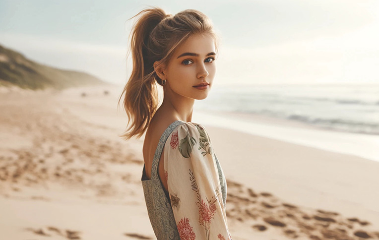 Blonde girl with a ponytail against a background of beach and sea.
