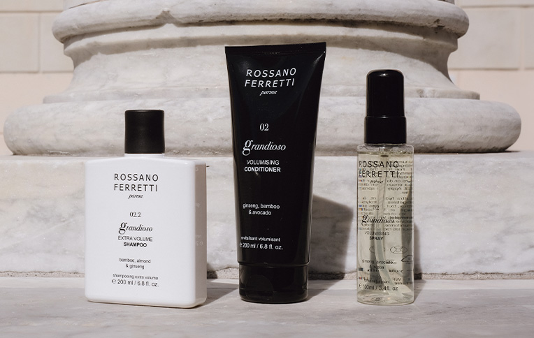 Rossano Ferretti Parma's Grandioso volumising routine with the extra volume shampoo, the volumising conditioner and the volumising spray.