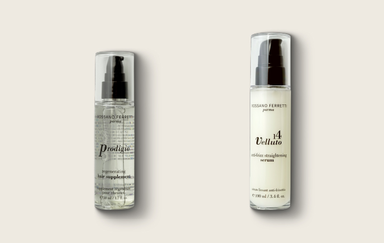 Rossano Ferretti Parma's Velluto straightening anti-frizz serum and the Prodigio regenerating oil.