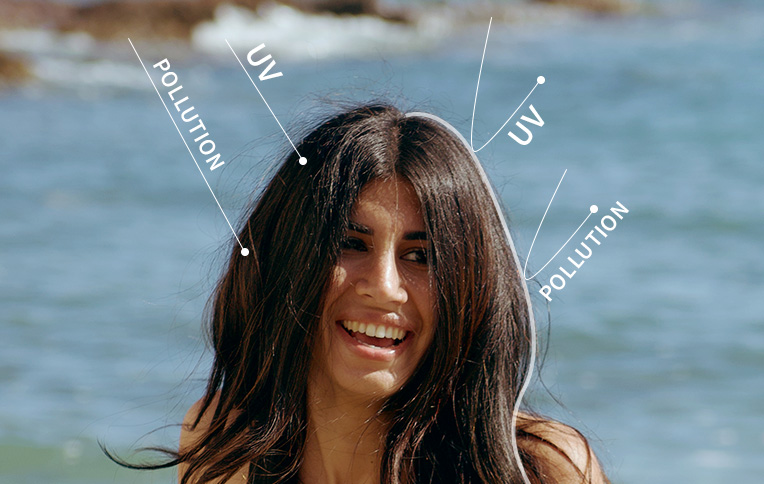 Girl with dark, long hair featured in a line drawing that illustrates how to protect hair from UV rays and pollution