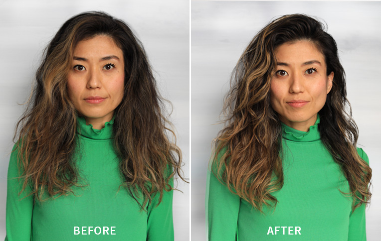 A girl with long, wavy hair showing the before and after results on her hair after using Rossano Ferretti Parma products.